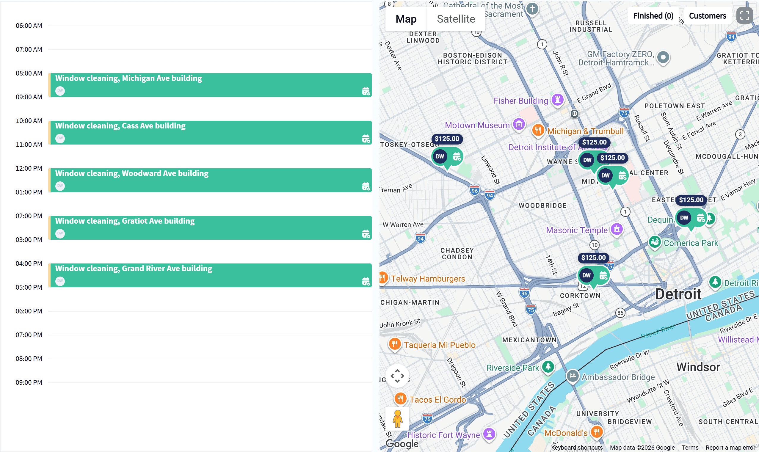 The Servgrow day schedule beside a map of the day's stops