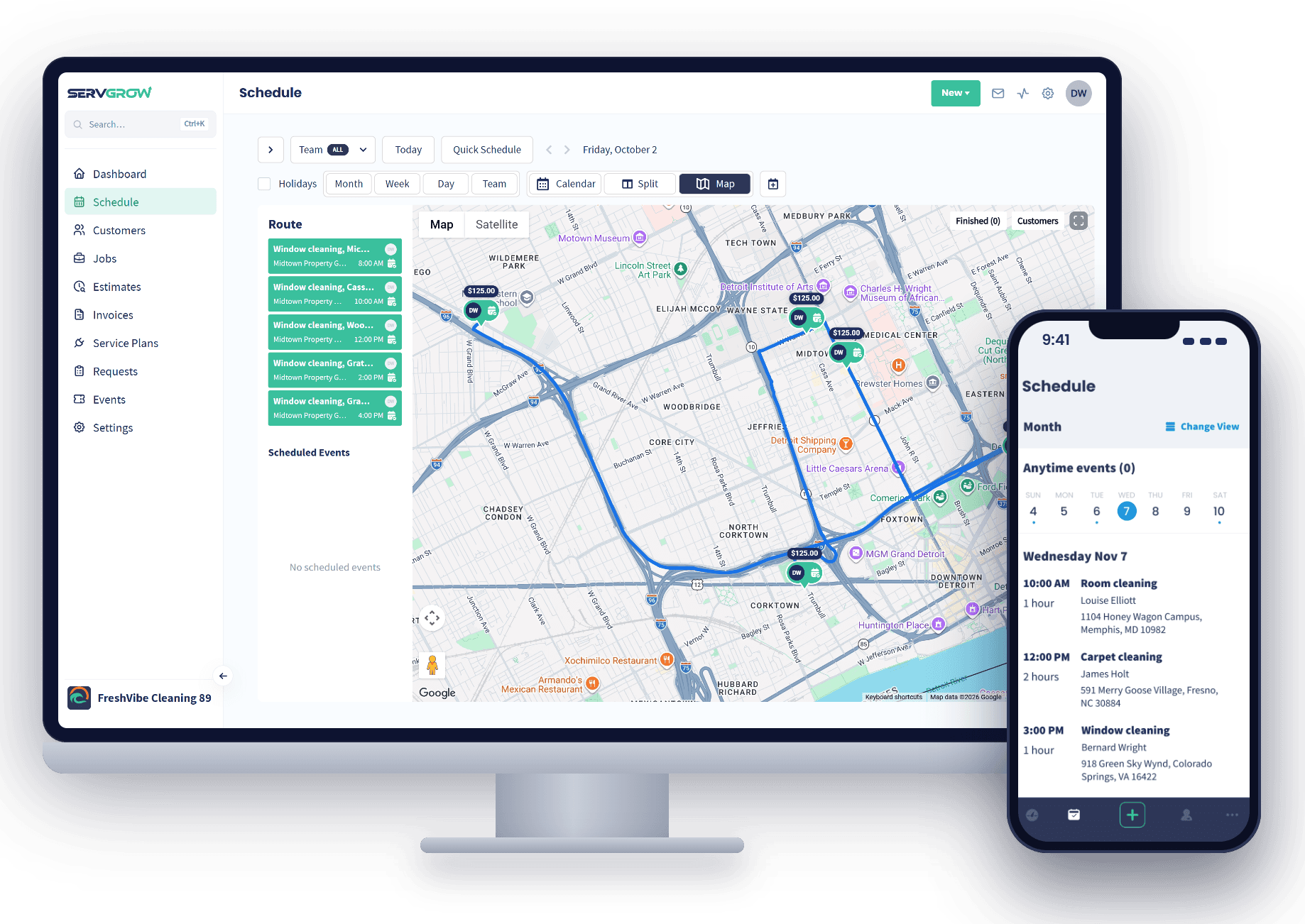 A day of five jobs routed across Detroit in the Servgrow schedule on a desktop, with the Servgrow mobile app on a phone