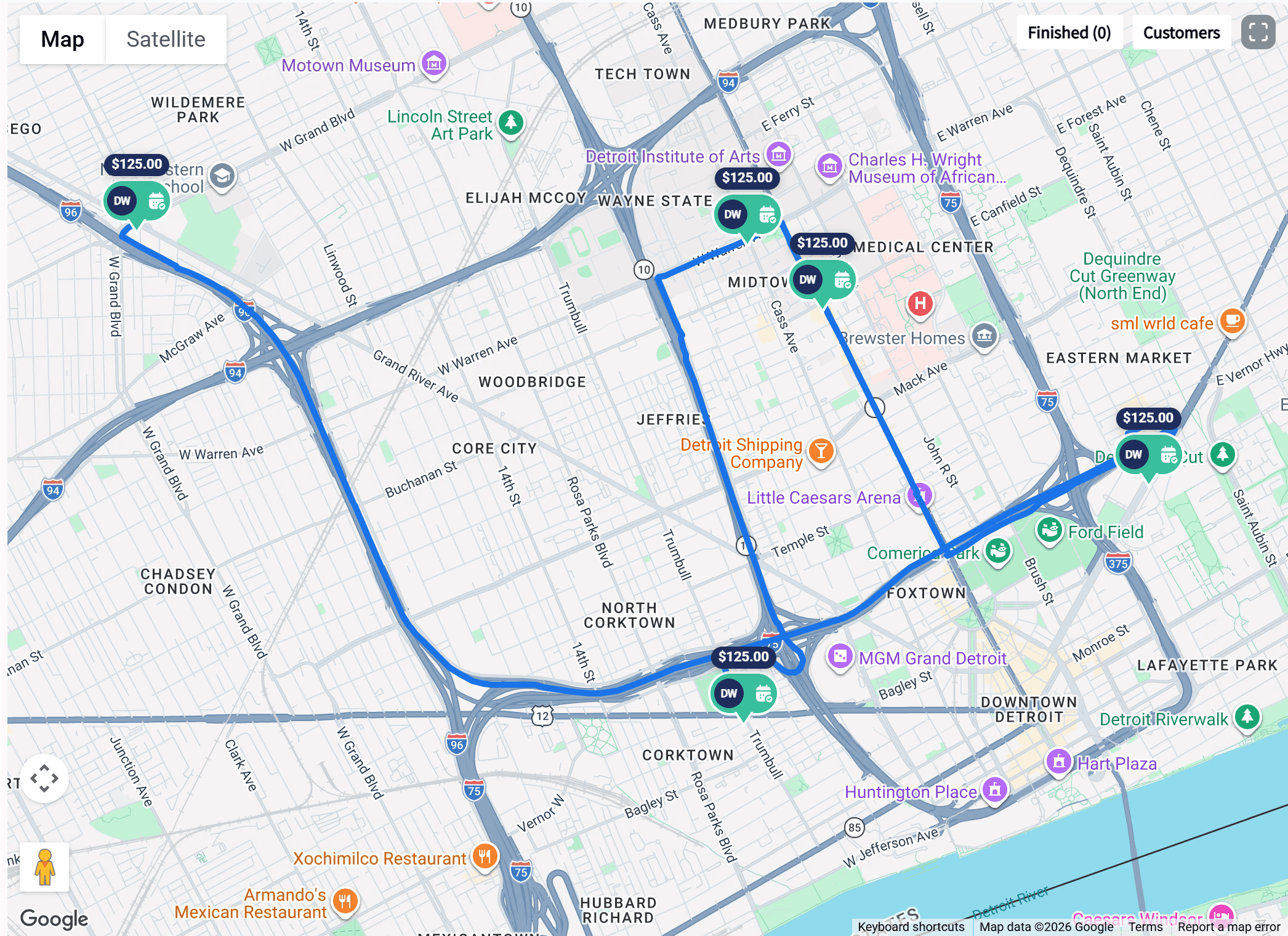 Five Servgrow jobs routed across Detroit, with the route list beside the map