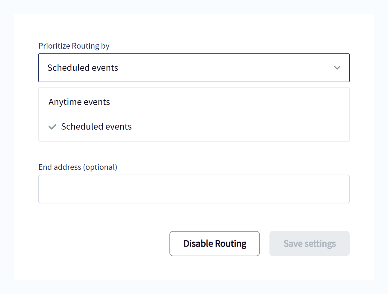 Servgrow routing settings: prioritize anytime or scheduled events, with start and end addresses