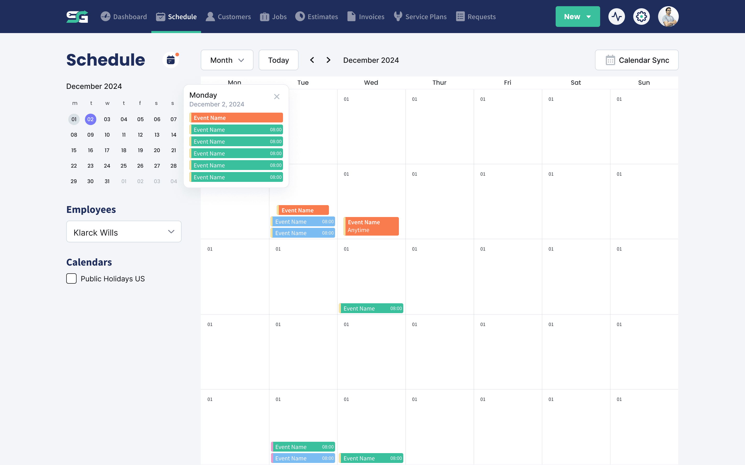 The Servgrow calendar synced with an external calendar