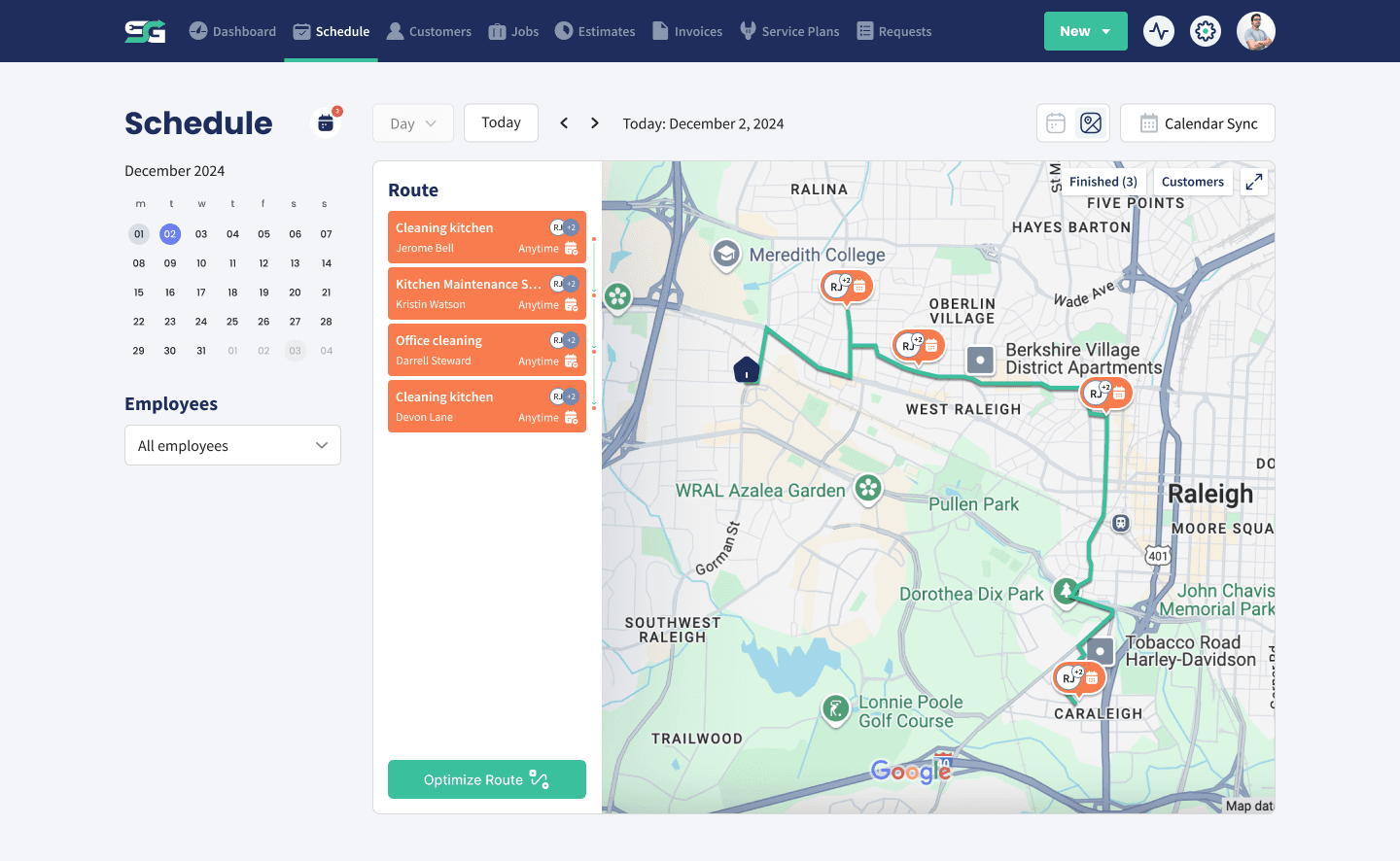 The Servgrow route list with the Optimize Route button and the day mapped out