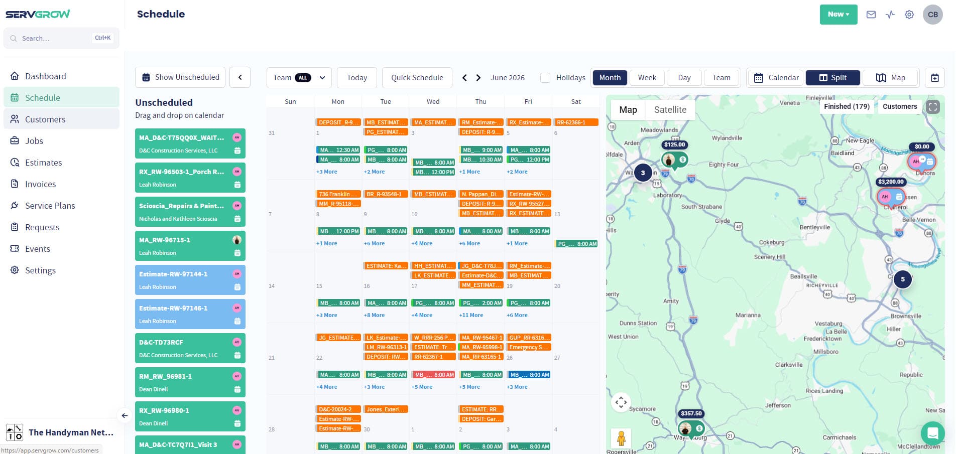 Dragging unscheduled jobs onto the Servgrow calendar, with the map showing where the work sits