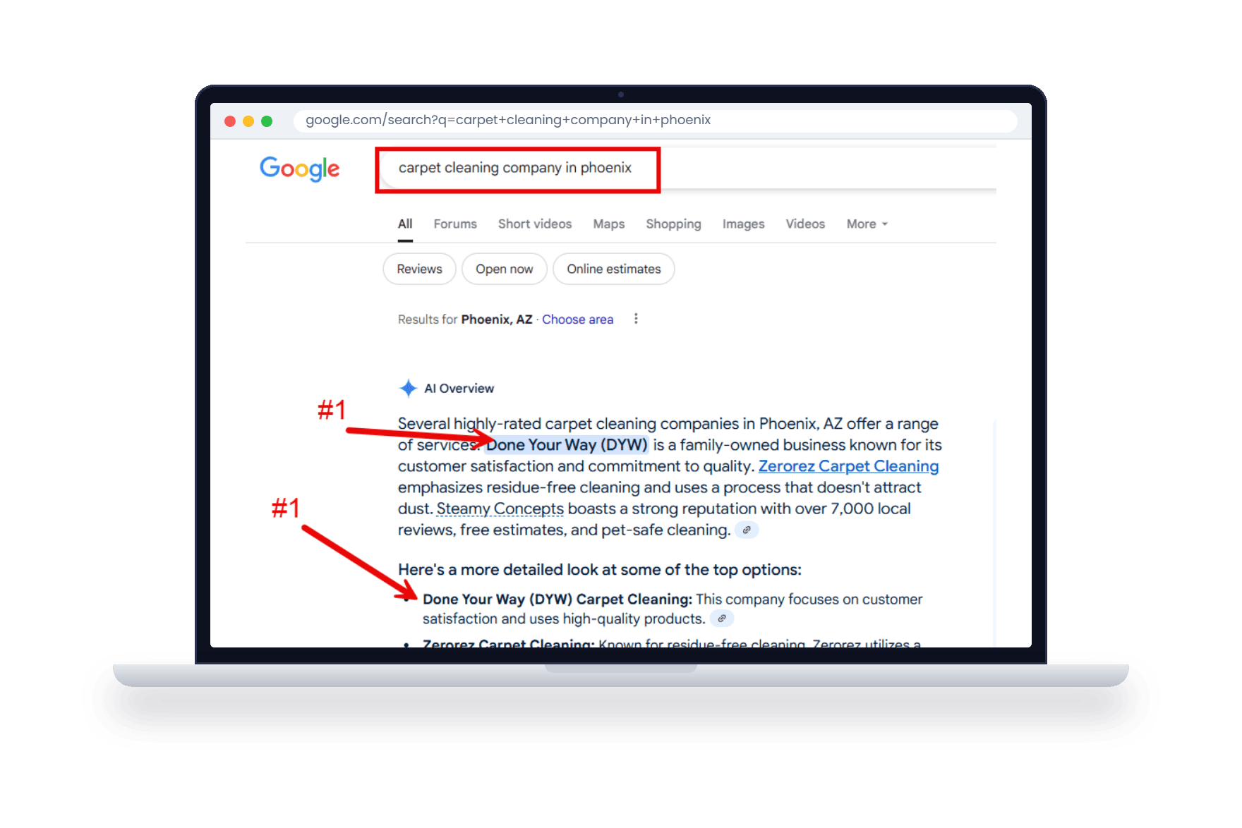 A Google search for carpet cleaning in Phoenix on a laptop, with the AI Overview naming the same business first