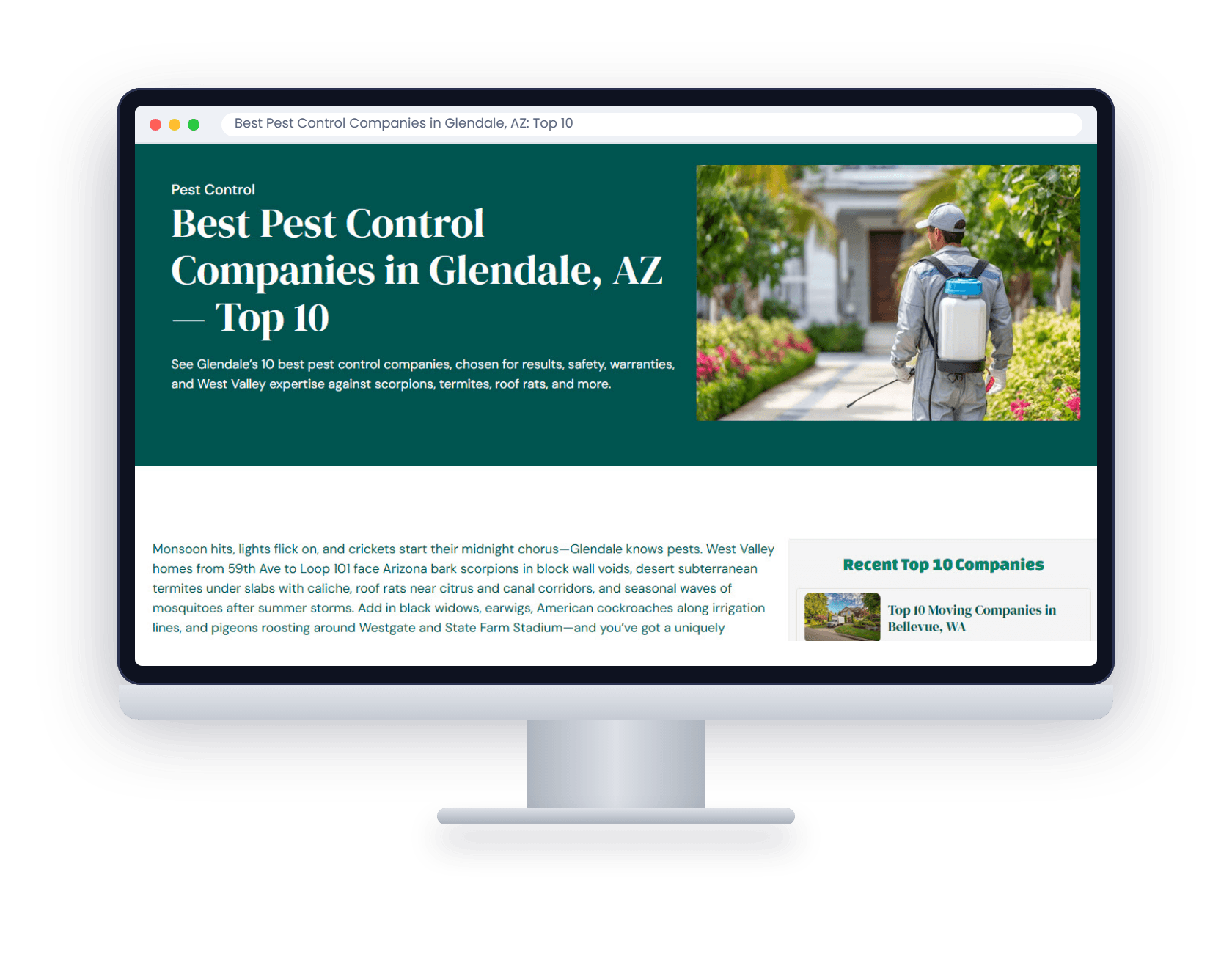 A Top 10 best pest control companies article open on a desktop screen