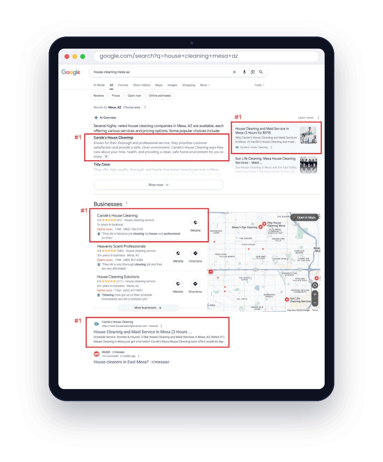 Google results for house cleaning in Mesa on a tablet, with the same business ranked #1 in the AI Overview, the map pack and the organic results
