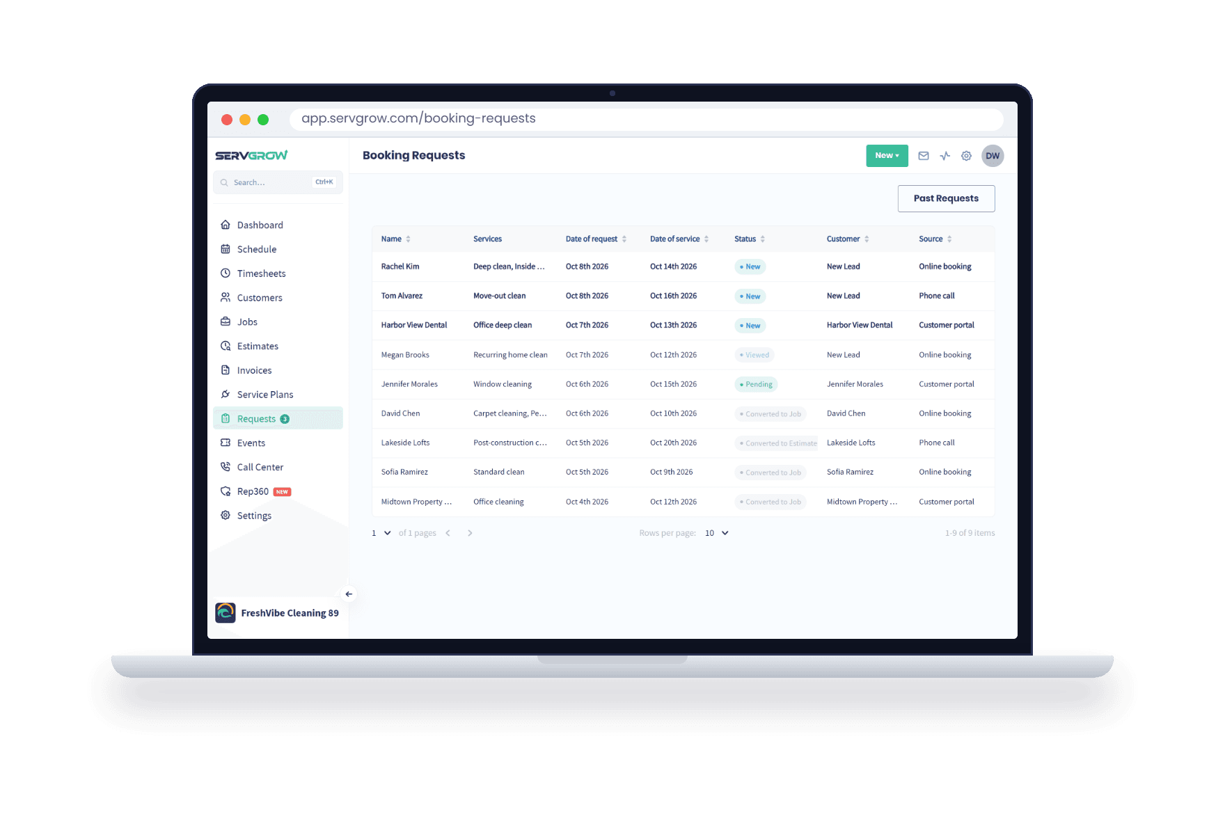 New booking requests from online booking, the customer portal and phone calls in Servgrow, shown on a laptop