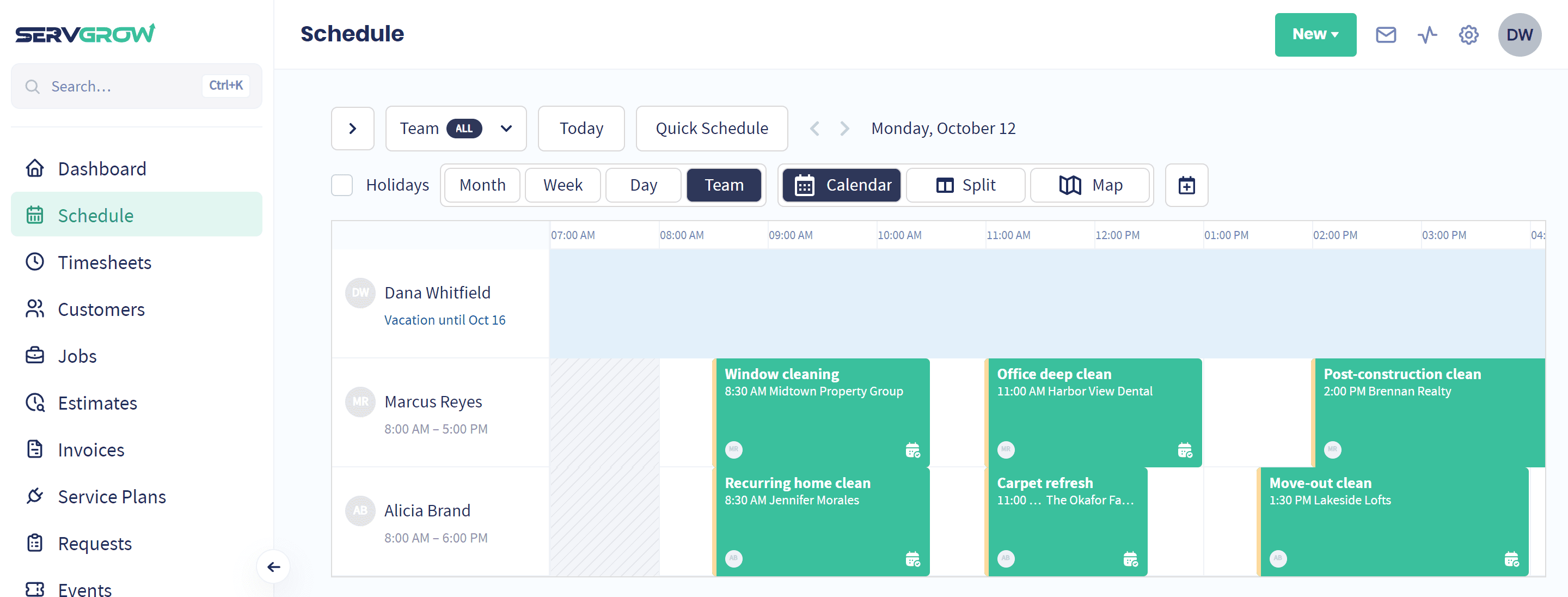 The Servgrow team schedule with one employee on vacation and each person's working hours shown