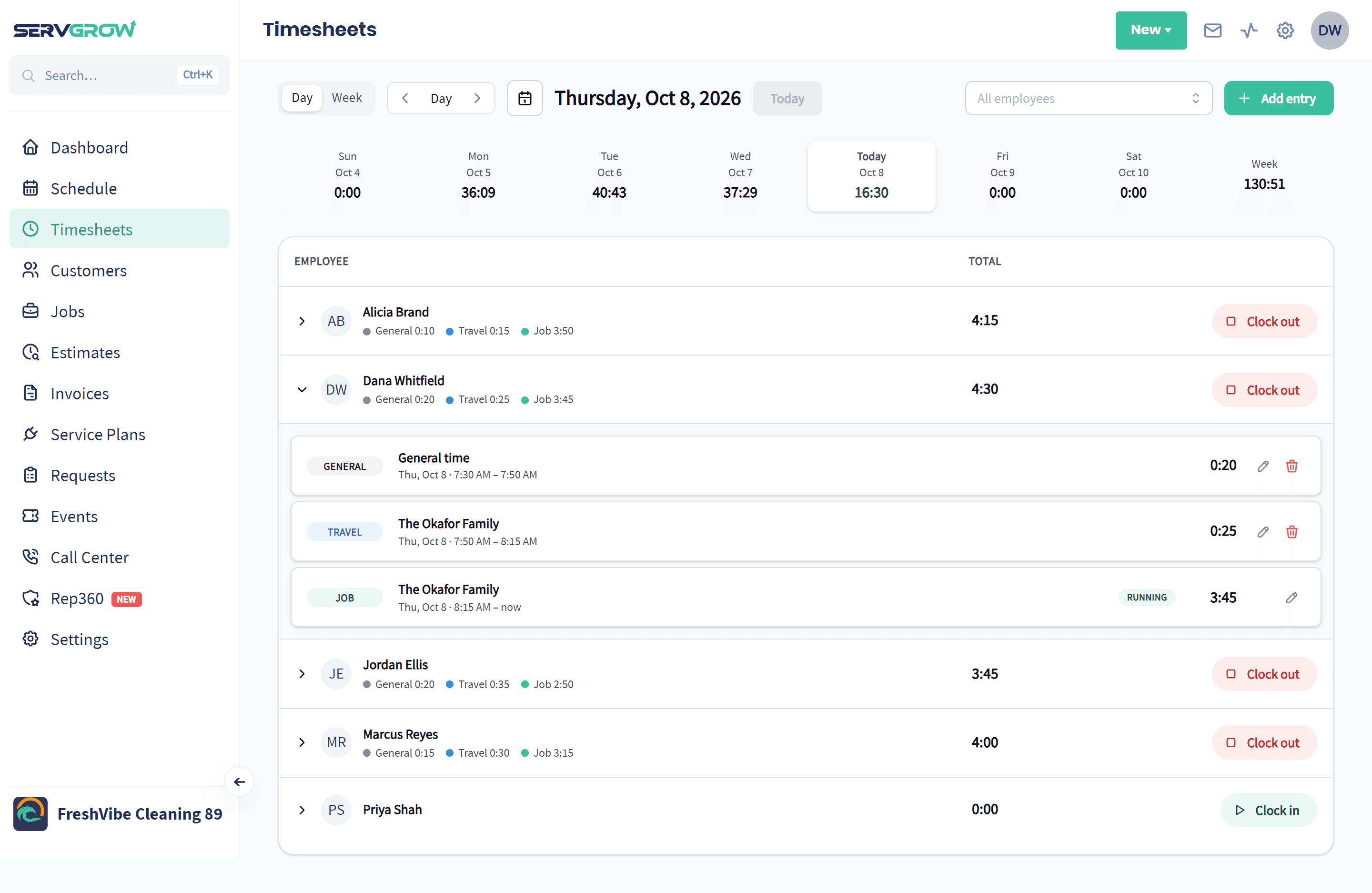 One technician's day in Servgrow Timesheets: general time, travel to the customer, then job time still running