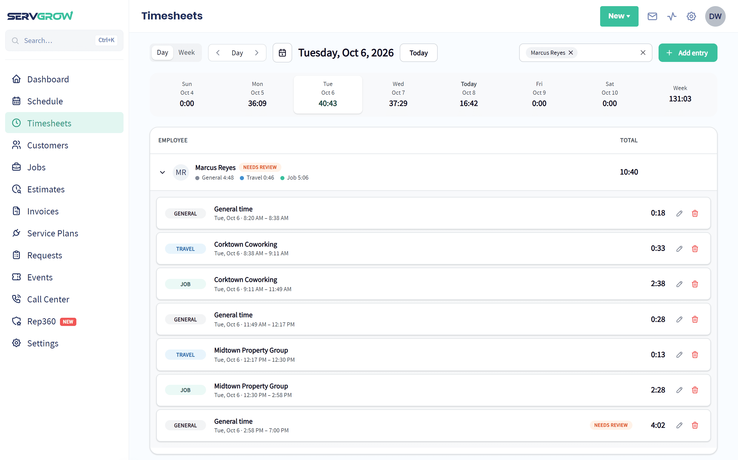 A forgotten clock-out flagged Needs review in Servgrow Timesheets