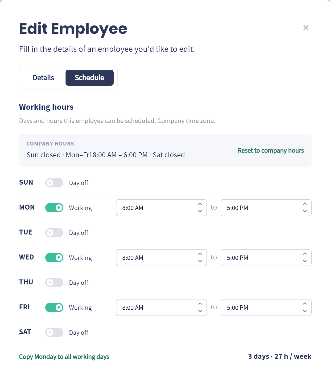 Setting an employee's working hours in Servgrow, with three working days and the weekly total