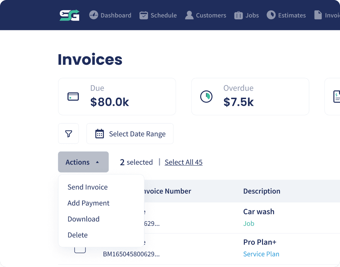 Selecting several invoices to send at once in Servgrow