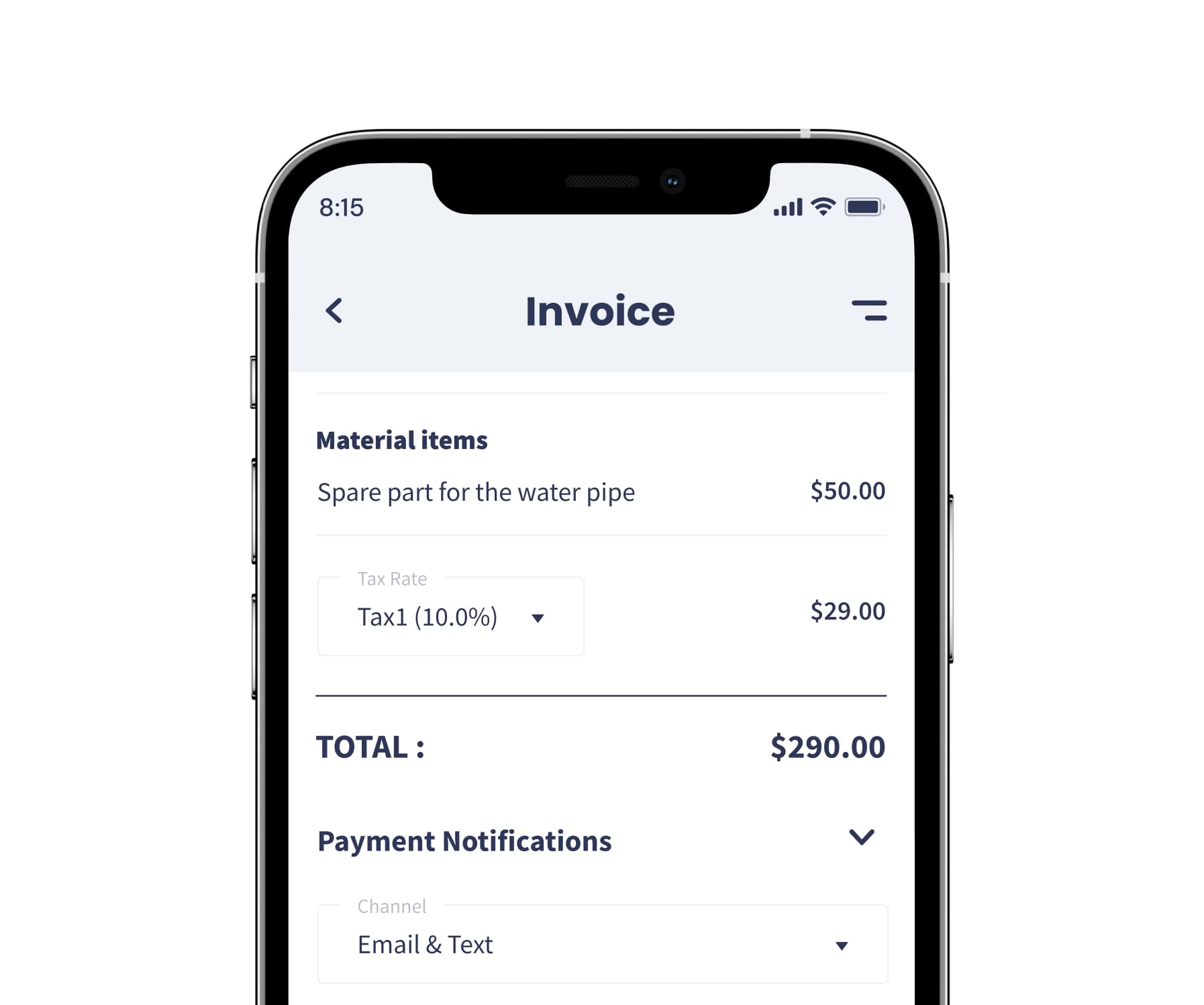 An invoice a customer can view and pay from their phone, with payment notifications by email and text