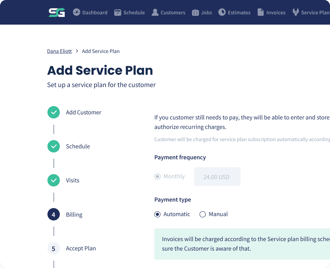 Turning on automatic billing so a customer's saved card is charged without a reminder