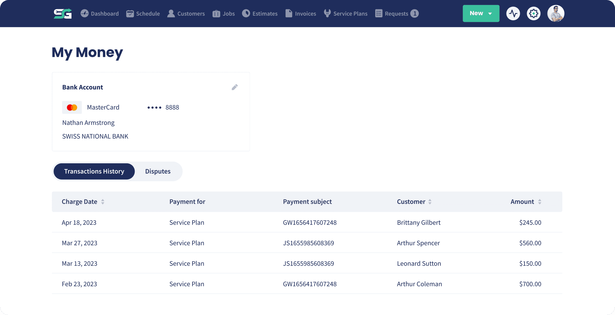 The My Money page in Servgrow, showing the connected bank account and recent transactions