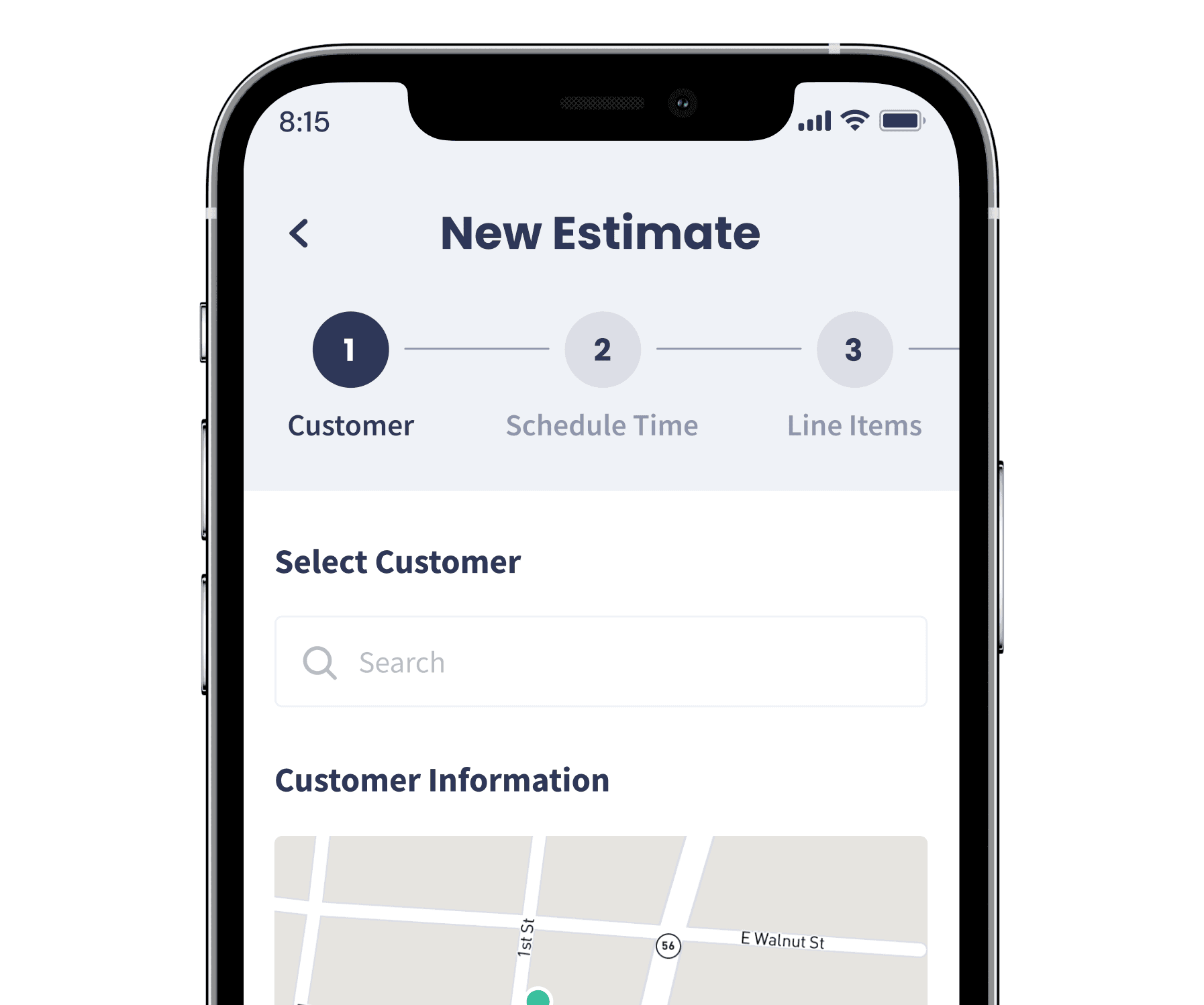 Starting a new estimate in Servgrow: pick the customer, schedule the time, then add line items