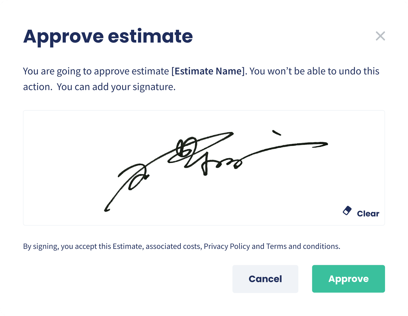 A customer signing to approve an estimate from their own customer portal