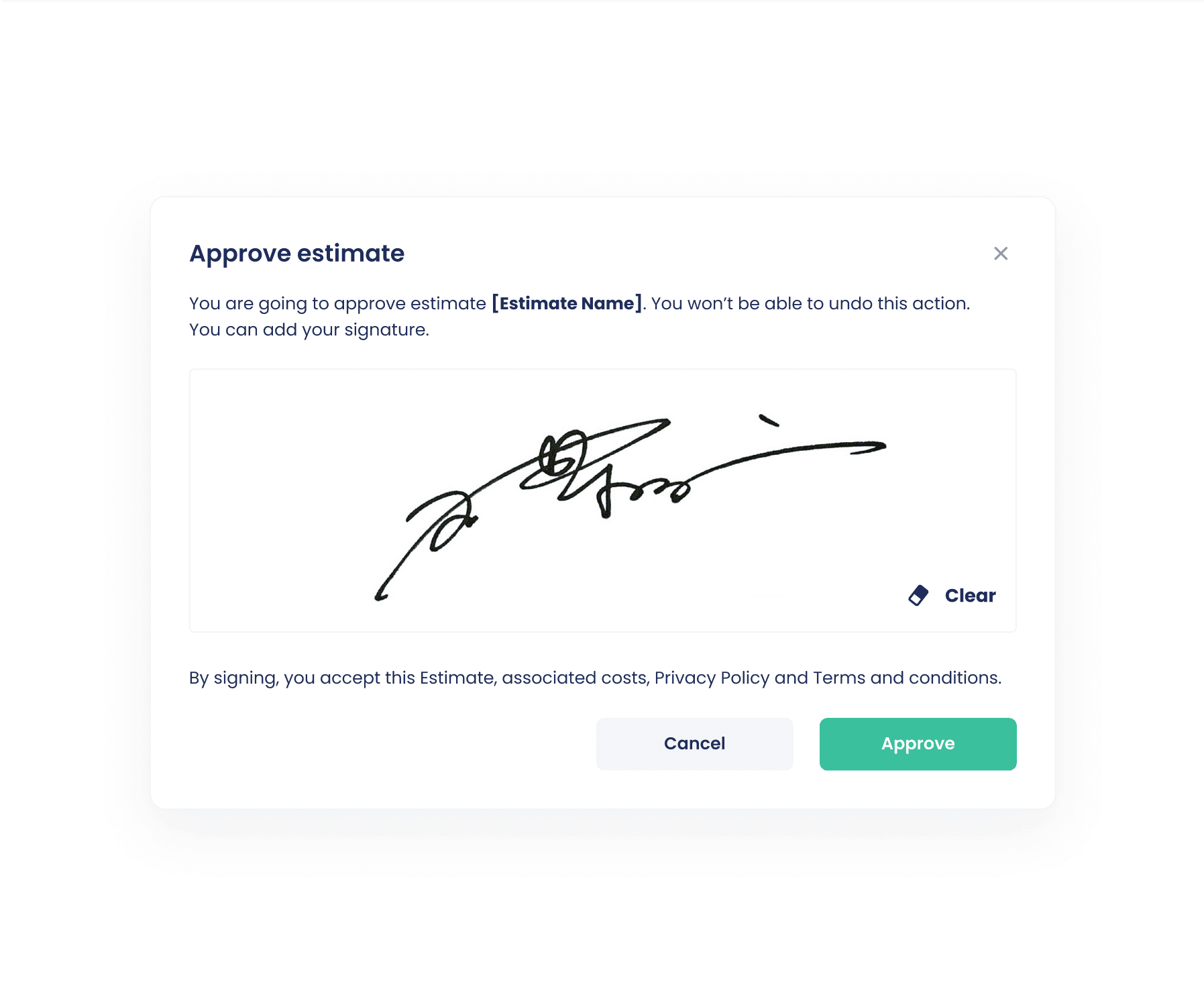 A customer approving an estimate with a signature from their customer portal