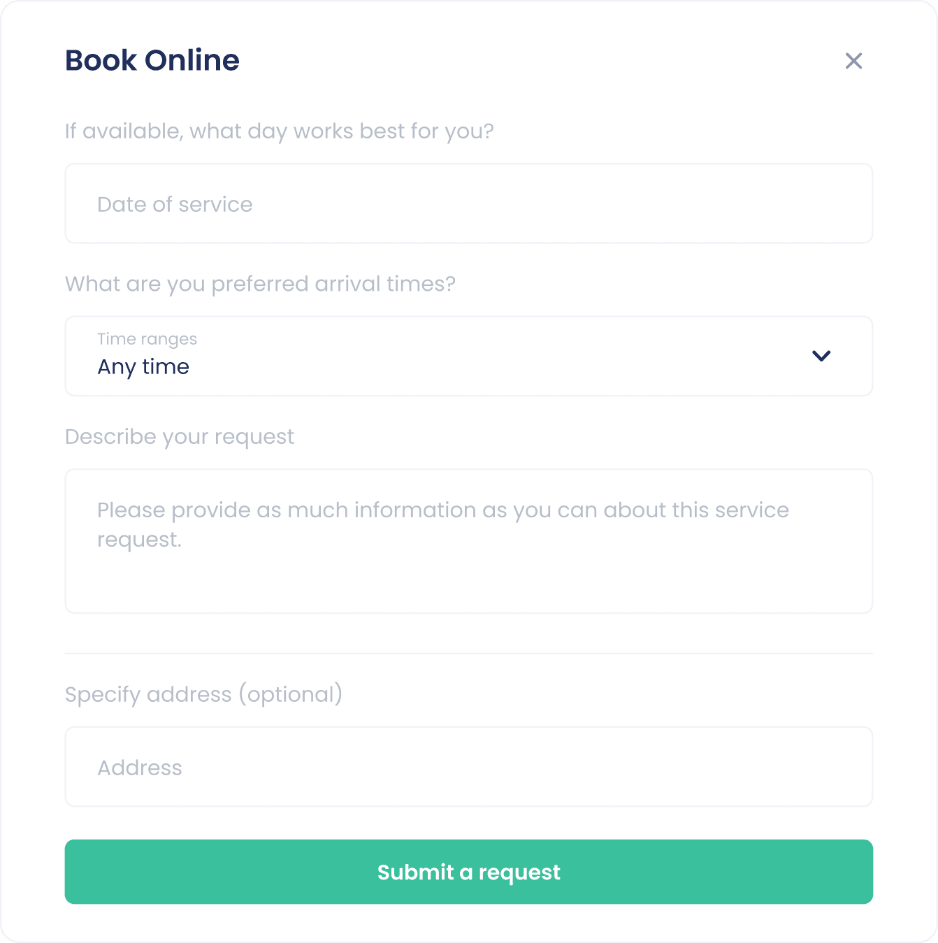 The Book Online request form a customer fills out to ask for work