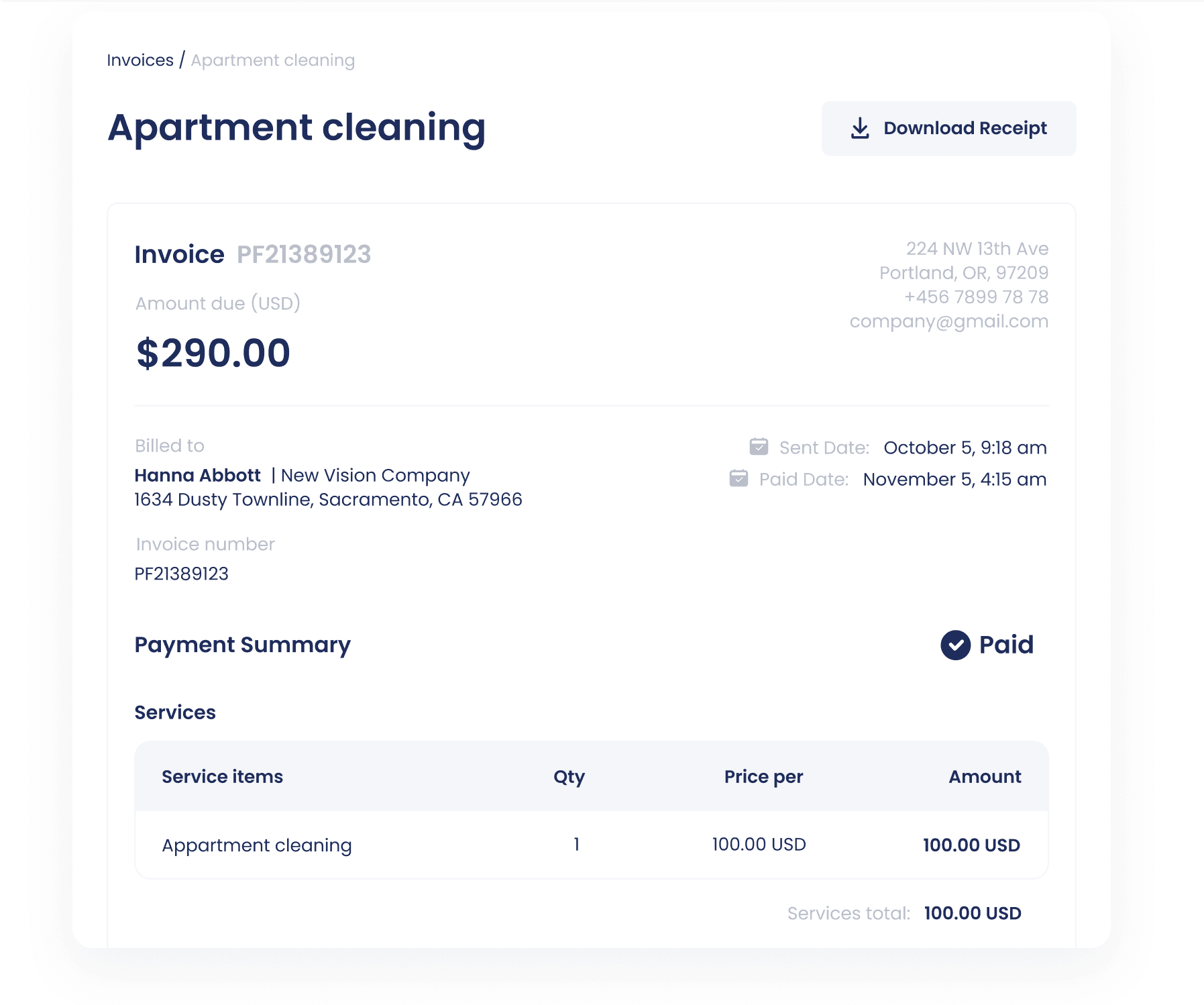 A paid invoice in the Servgrow customer portal, with the amount, services and payment date