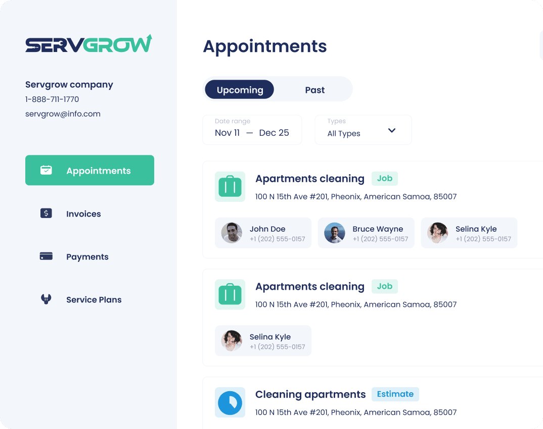 A customer's appointments list in the Servgrow customer portal, past and upcoming