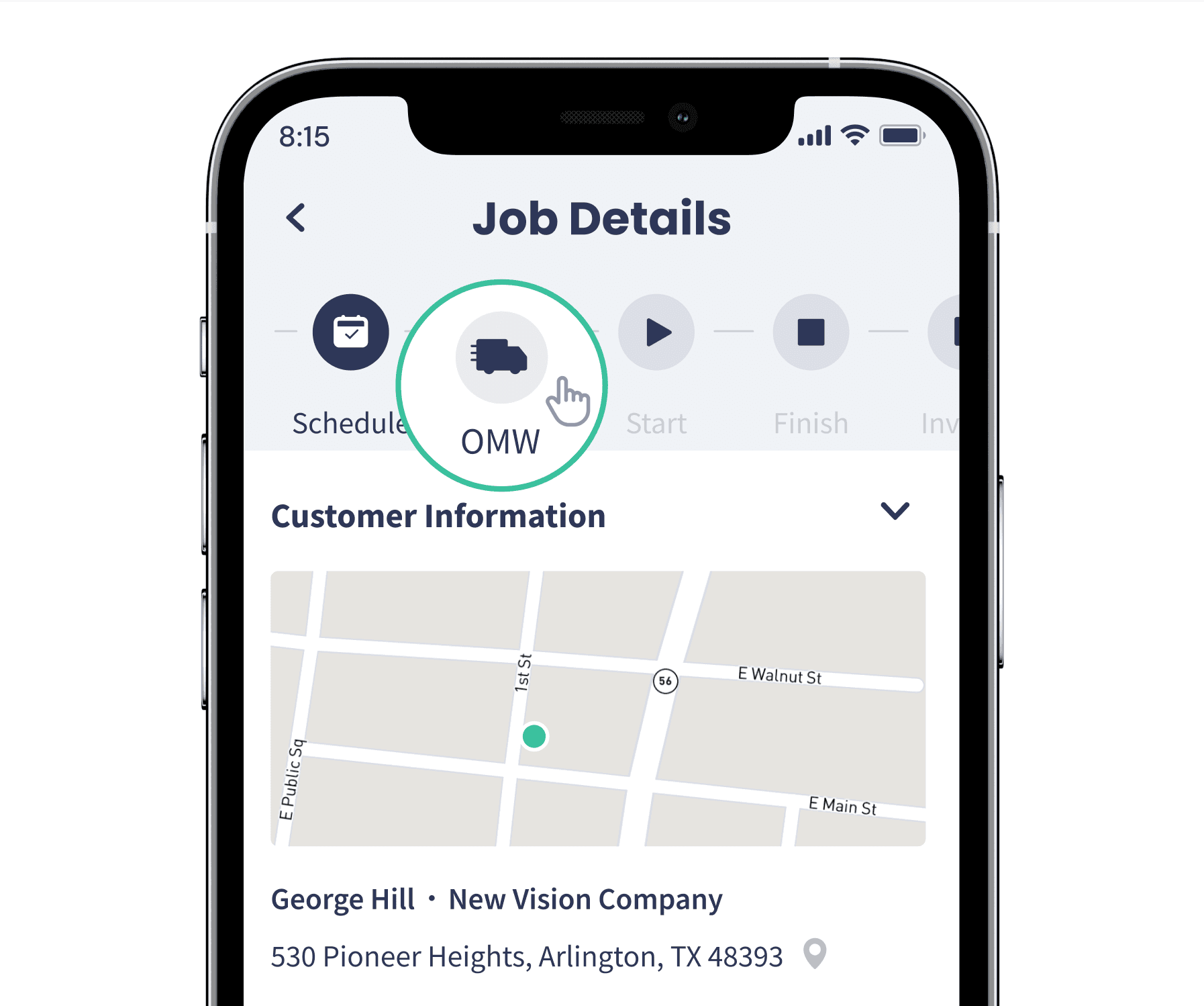 Tapping the OMW step on a job to send an On My Way text with one click