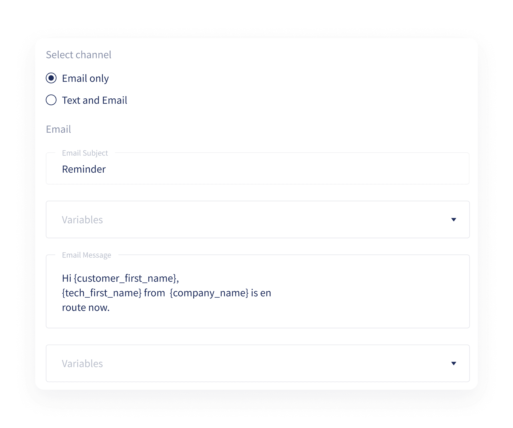 Choosing email, text, or both for an On My Way message, with the wording alongside
