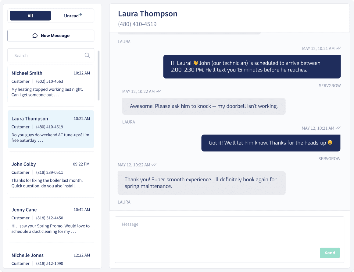 Two-way text conversation with a customer inside Servgrow
