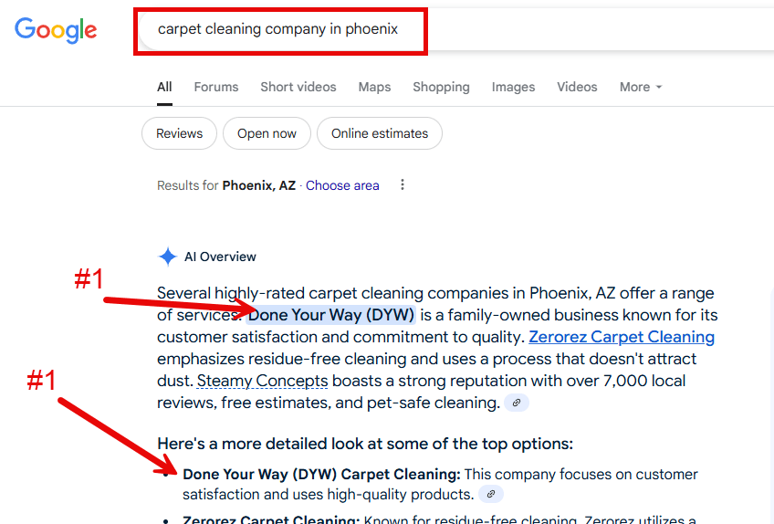 A home service business ranking at the top of search results